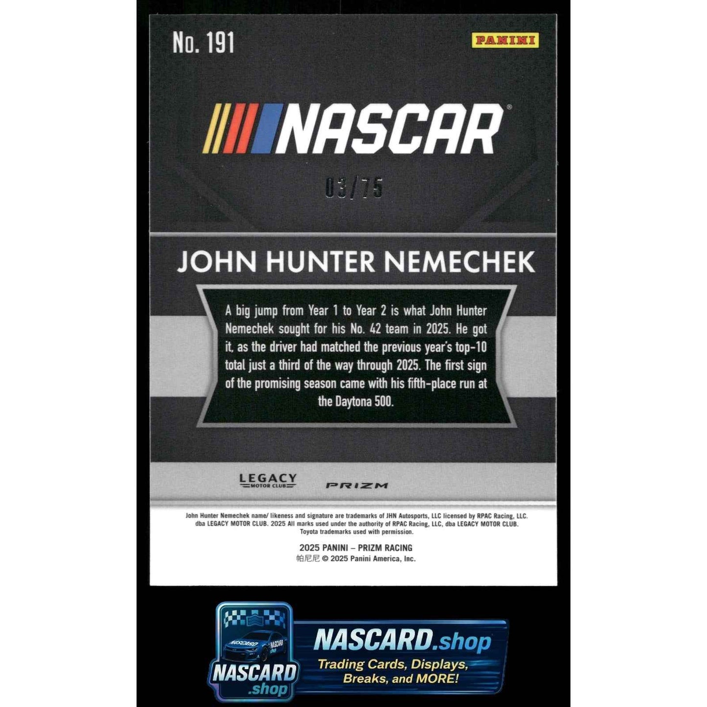 2025 Panini Prizm #191 John Hunter Nemechek Checkered Flag #/75