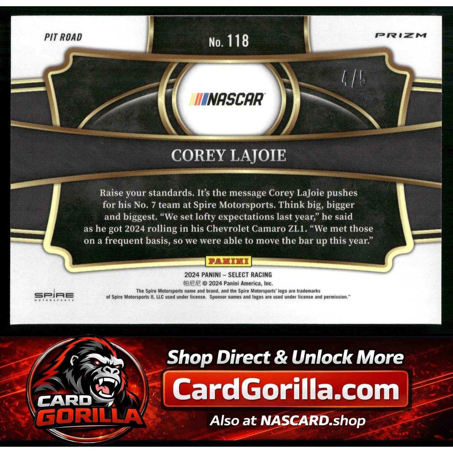 2024 Panini Select #118 Corey LaJoie Green Prizms #/5