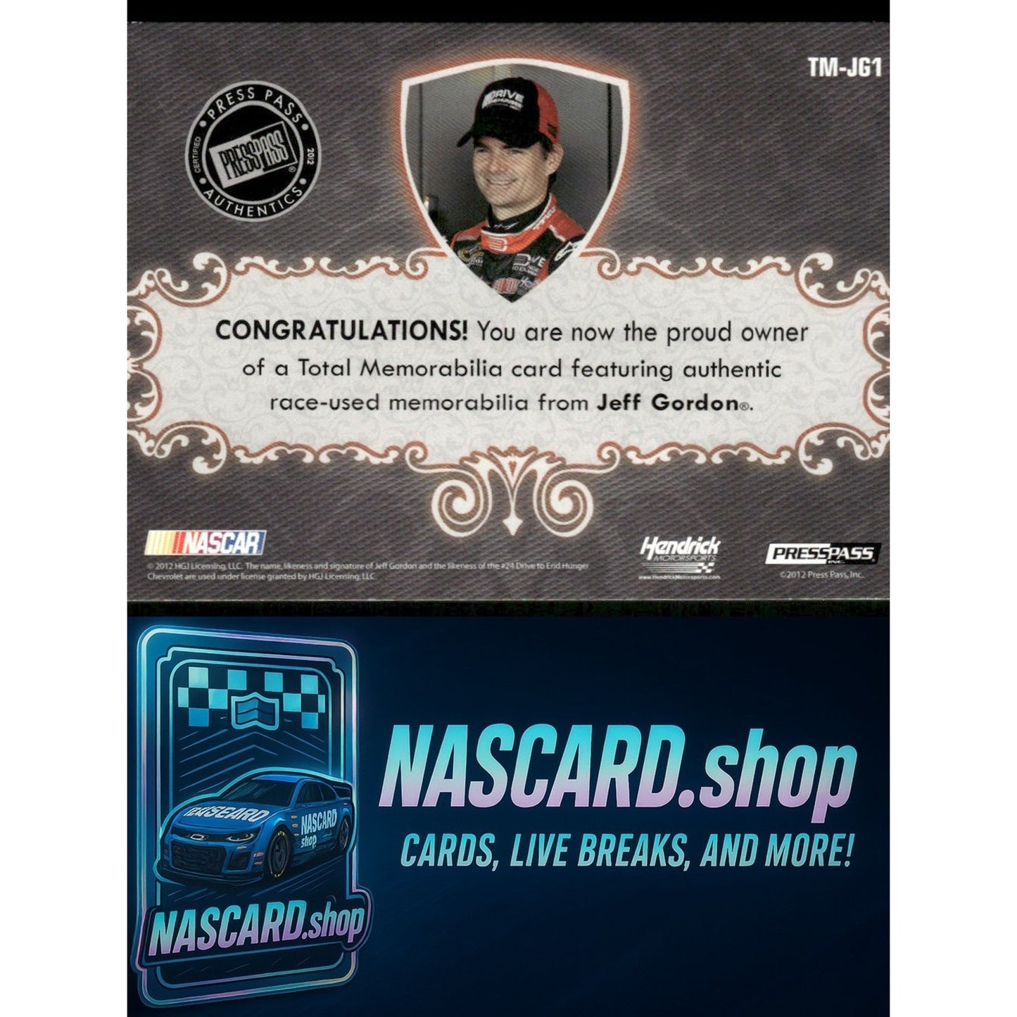 2012 Press Pass Total Memorabilia #TM-JG1 Jeff Gordon Quad Swatch Holofoil #/10 - Card Gorilla