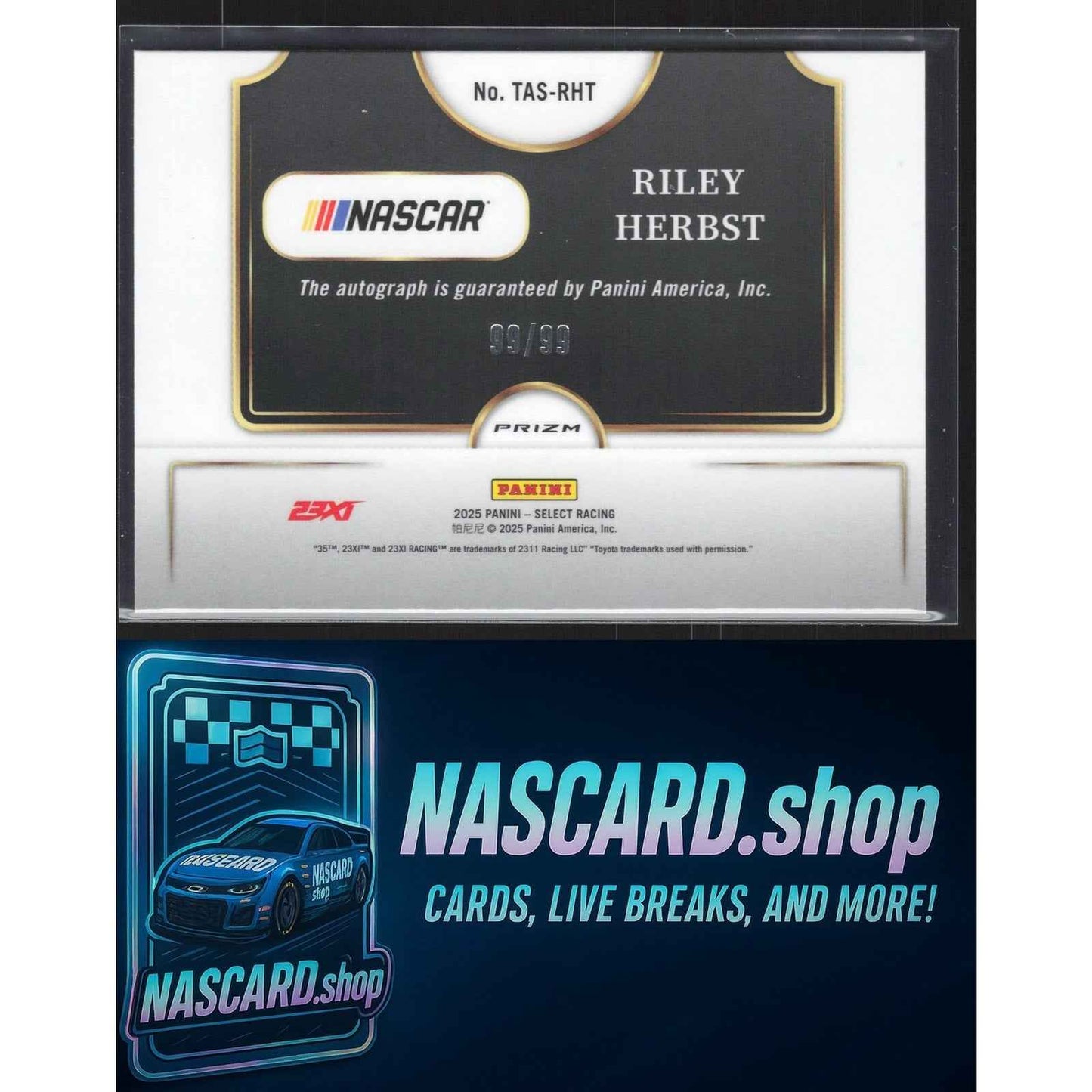 2025 Panini Select Riley Herbst Trackside Action Signatures Blue Prizms #/99