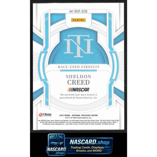 2025 Panini National Treasures Sheldon Creed Race Used Firesuit Silver #/25