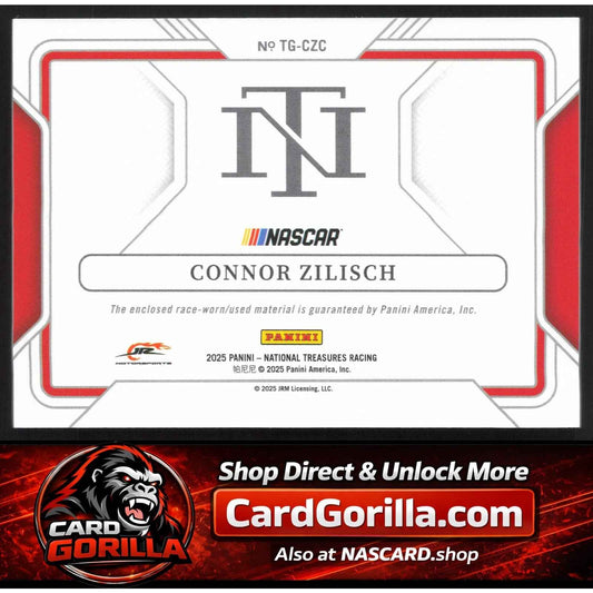2025 Panini National Treasures #TG-CZC Connor Zilisch Track Gear #/99