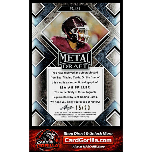 2022 Leaf Metal Draft Isaiah Spiller Portrait Autographs Crystal Silver #/20