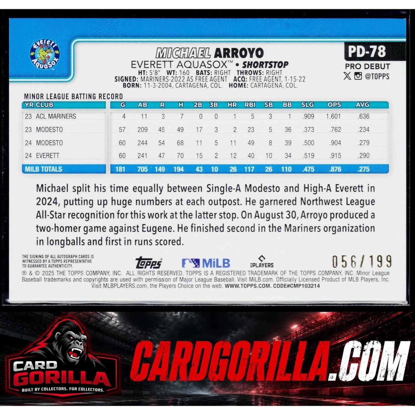 2025 Topps Pro Debut #PD-78 Michael Arroyo Base Autographs Fuchsia Foil