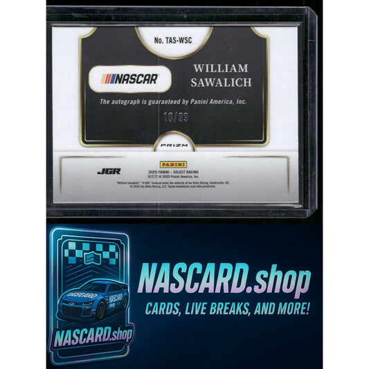 2025 Panini Select William Sawalich Trackside Action Signatures Blue Prizms #/99