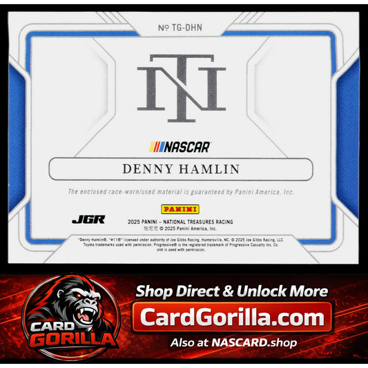 2025 Panini National Treasures #TG-DHN Denny Hamlin Track Gear Blue #/75
