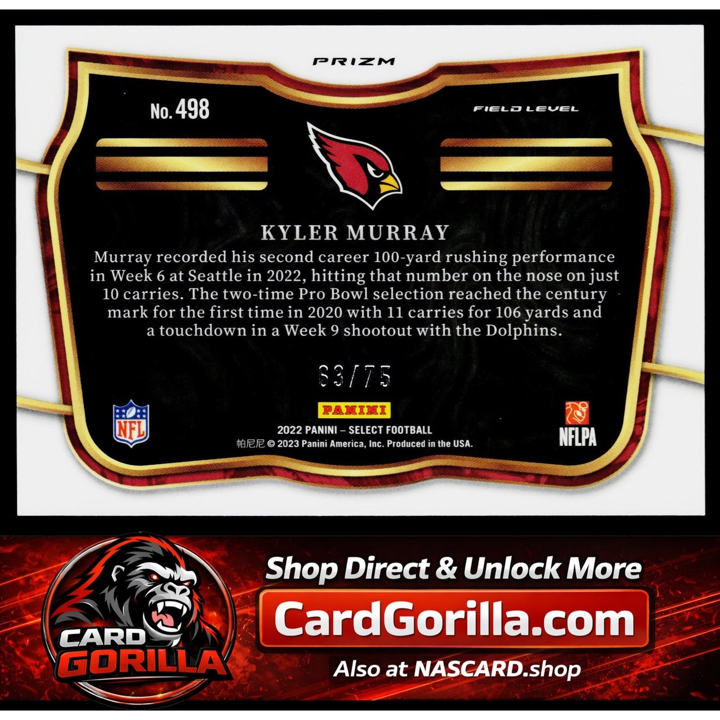 2022 Panini Select #498 Kyler Murray Tri-Color Prizm #/75