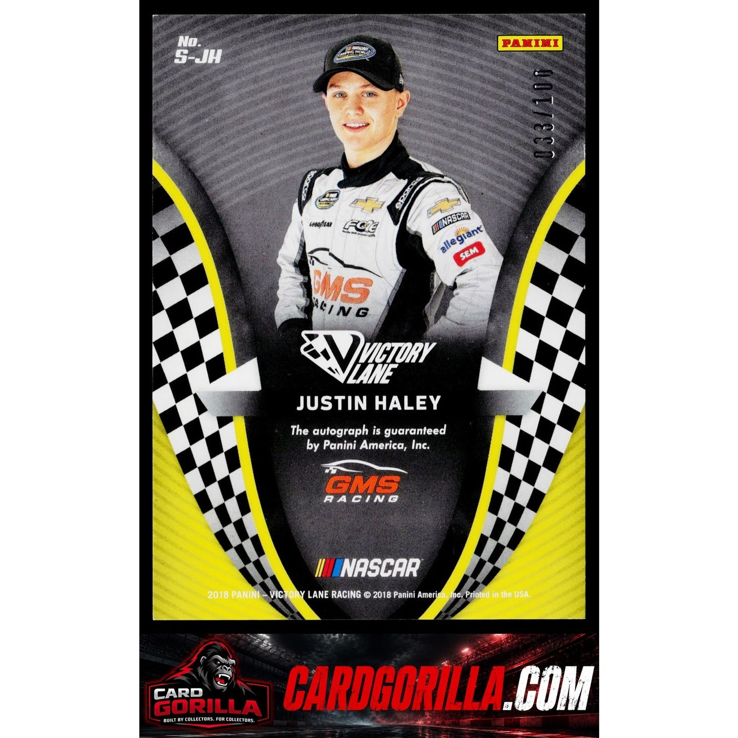 2018 Panini Victory Lane #S-JH Justin Haley Signatures #/100