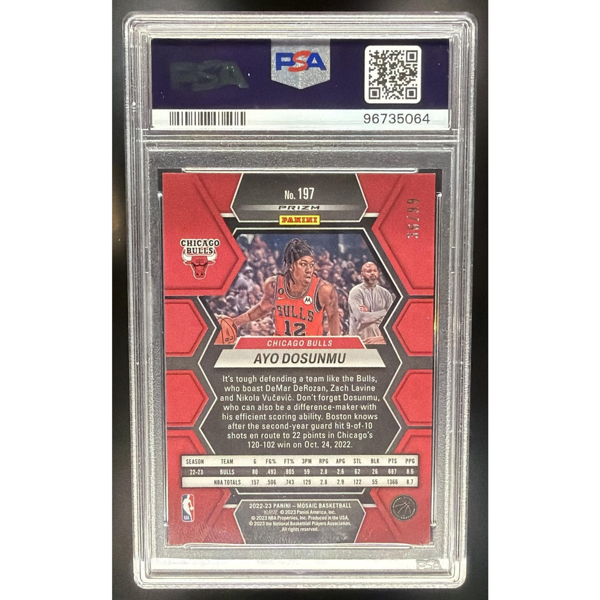 2022-23 Panini Mosaic Ayo Dosunmu #197 Purple 5/99 Bulls PSA 9