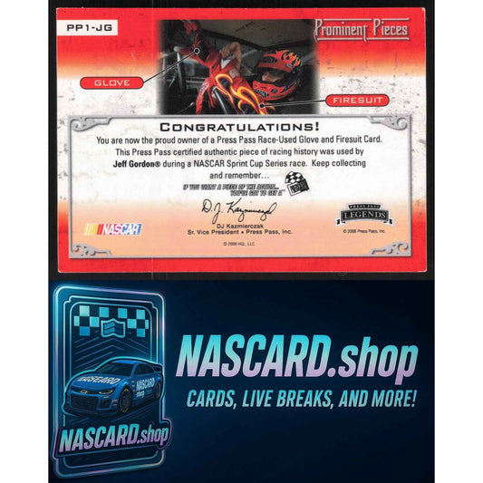 2008 Press Pass Legends Jeff Gordon Prominent Pieces Firesuit-Glove Gold #/10