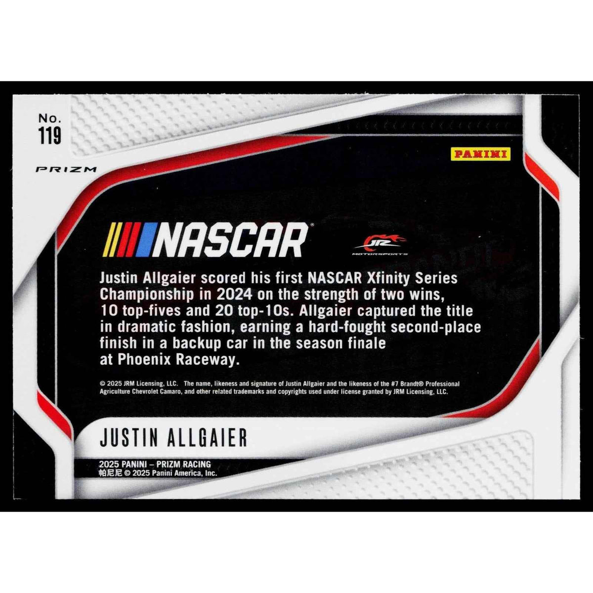 2025 Panini Prizm #119 Justin Allgaier White Sparkle