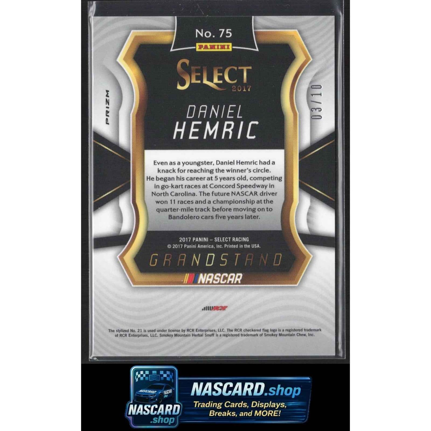 2017 Panini Select #75 Daniel Hemric Gold Prizms #/10 RC