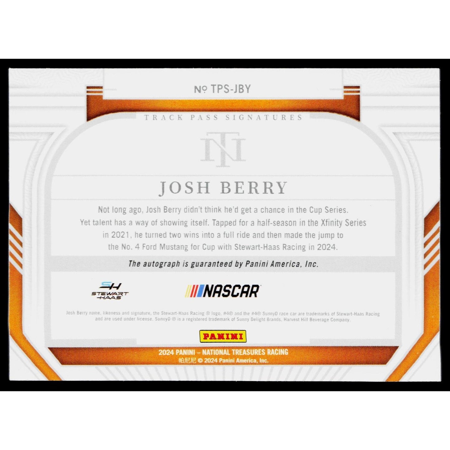 2024 Panini National Treasures #TPS-JBY Josh Berry Track Pass Signatures #/99
