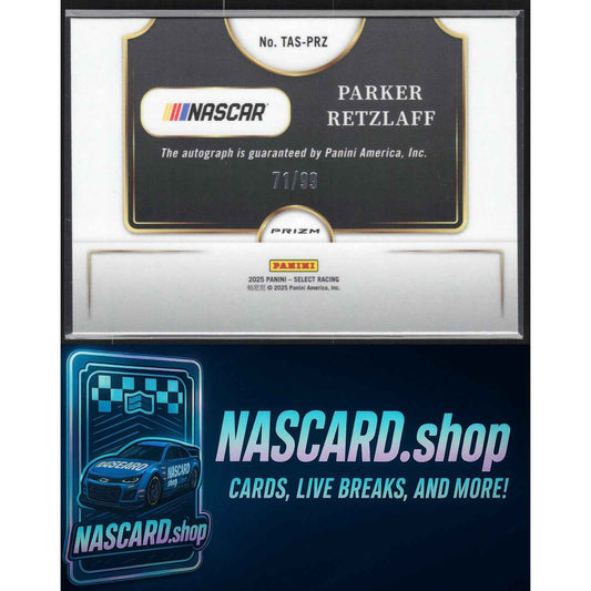 2025 Panini Select Parker Retzlaff Trackside Action Signatures Blue Prizms #/99