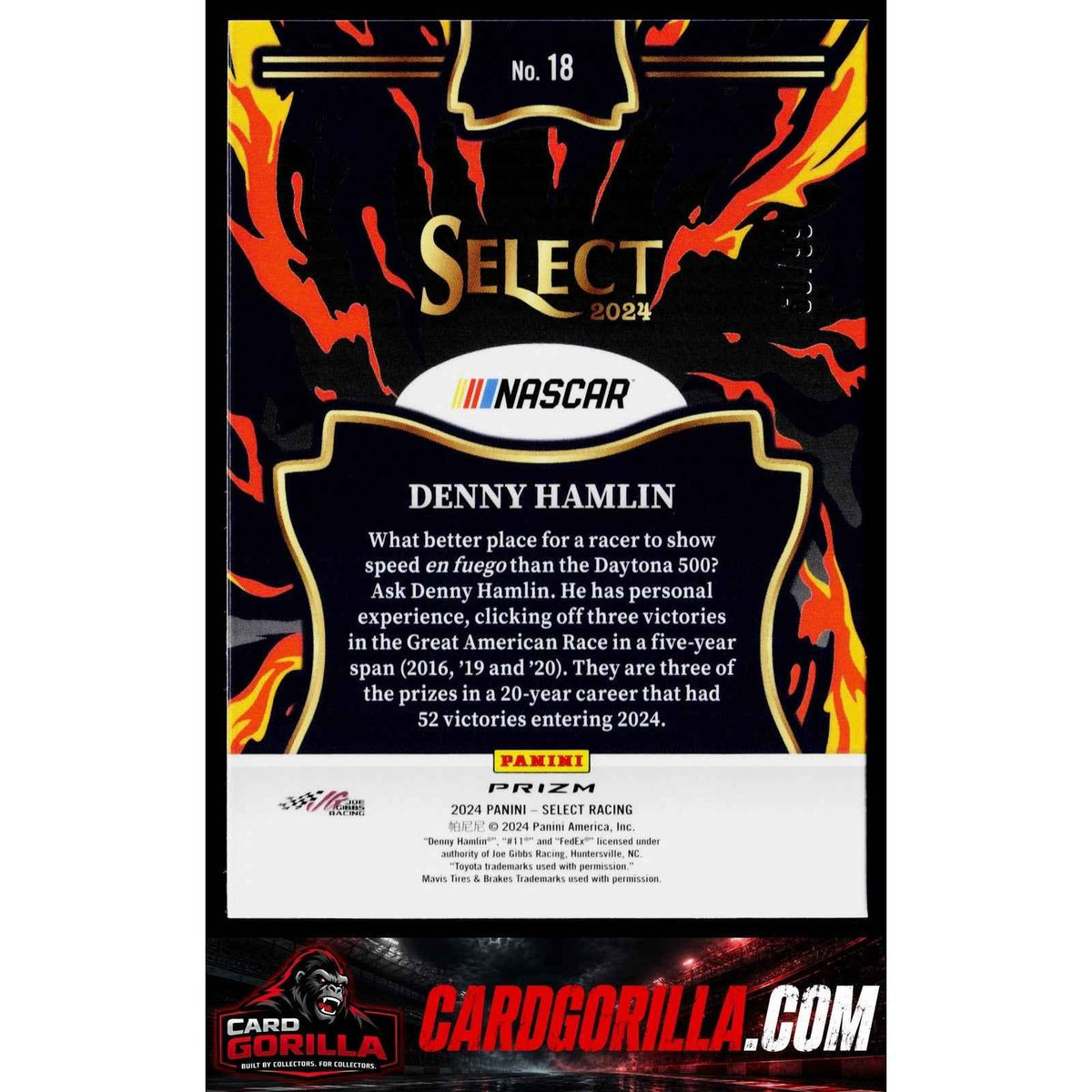 2024 Panini Select #18 Denny Hamlin En Fuego Red Prizms #/99