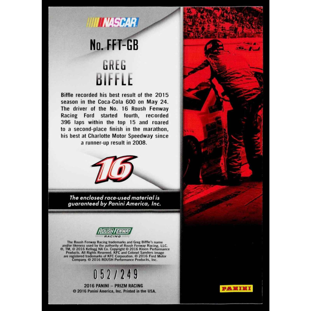 2016 Panini Prizm Greg Biffle Roush Fenway Firesuit Fabrics Team #/249