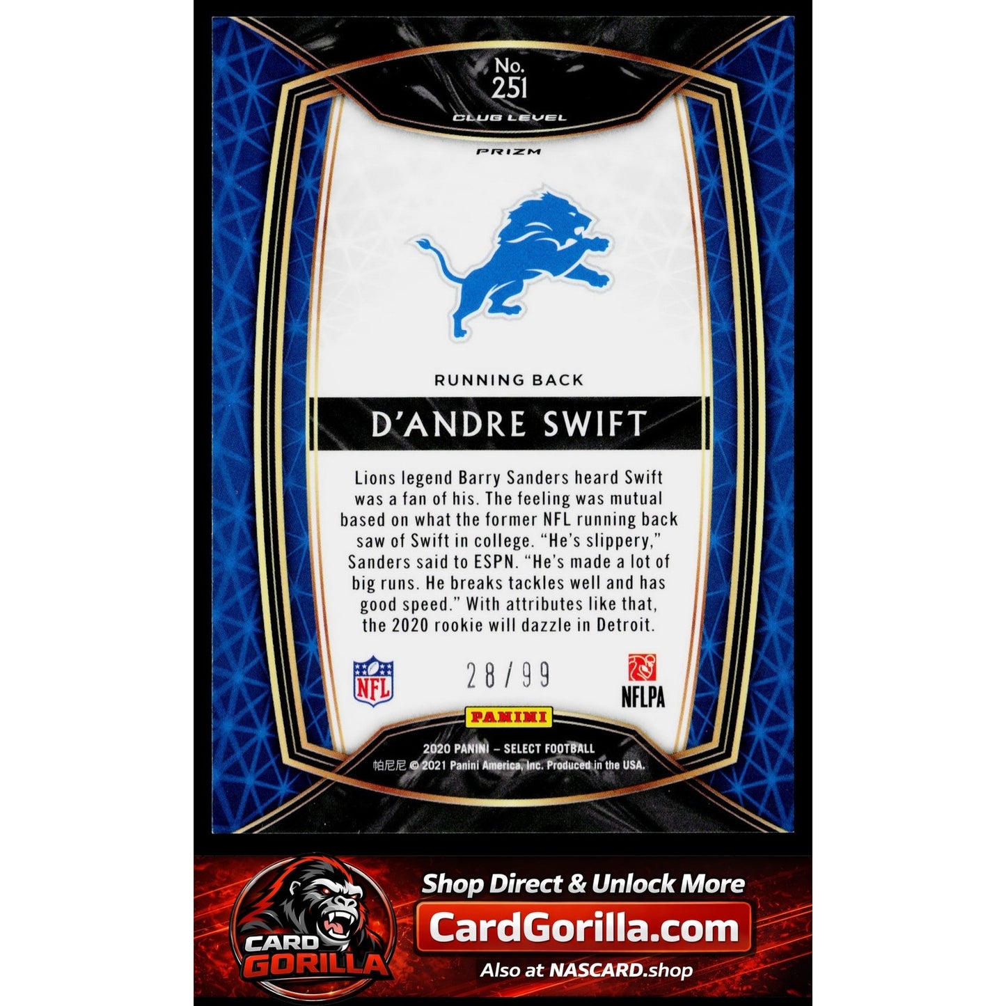 2020 Panini Select #251 D'Andre Swift Tri-Color Prizm #/99