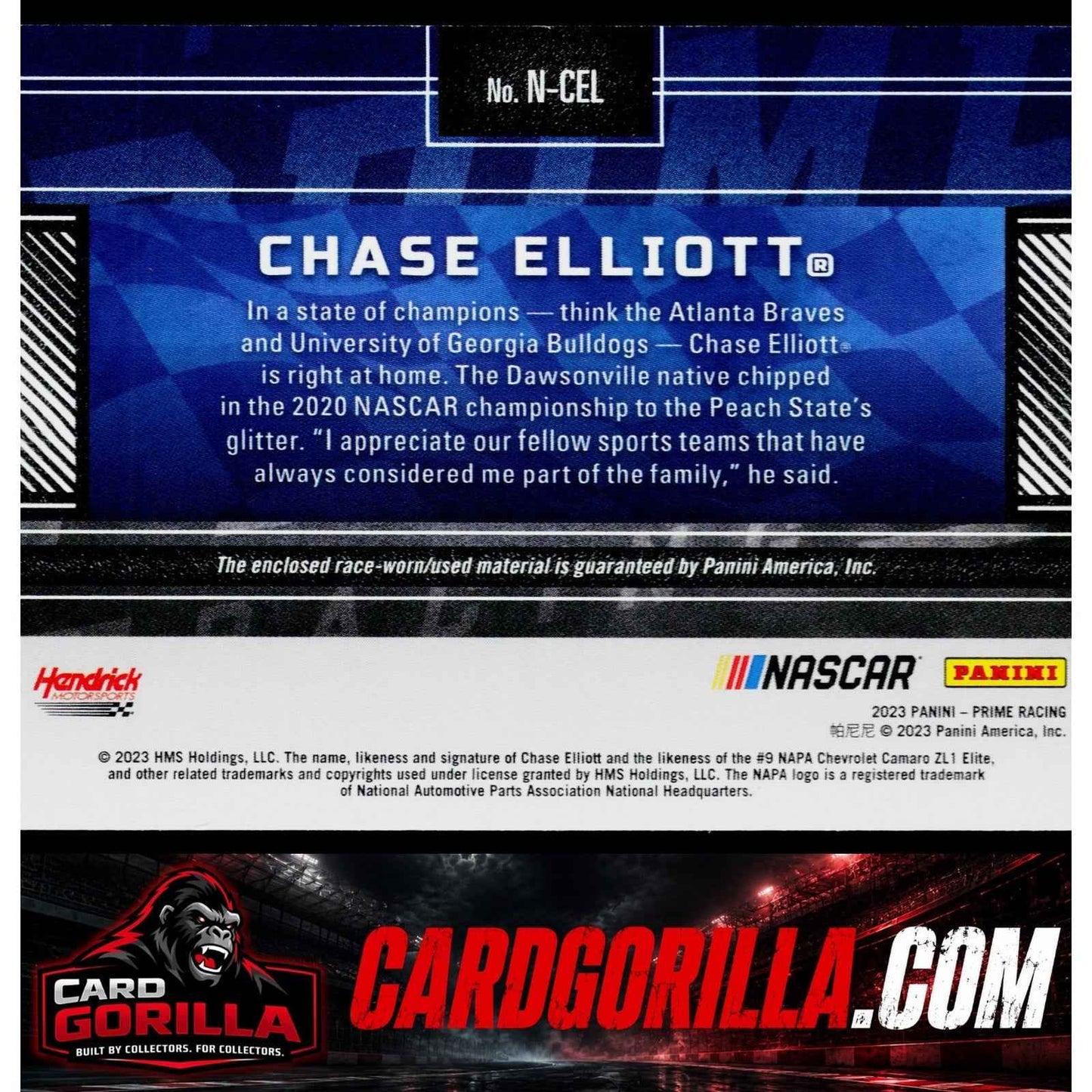 2023 Panini Prime #N-CEL Chase Elliott Names Firesuits #/99