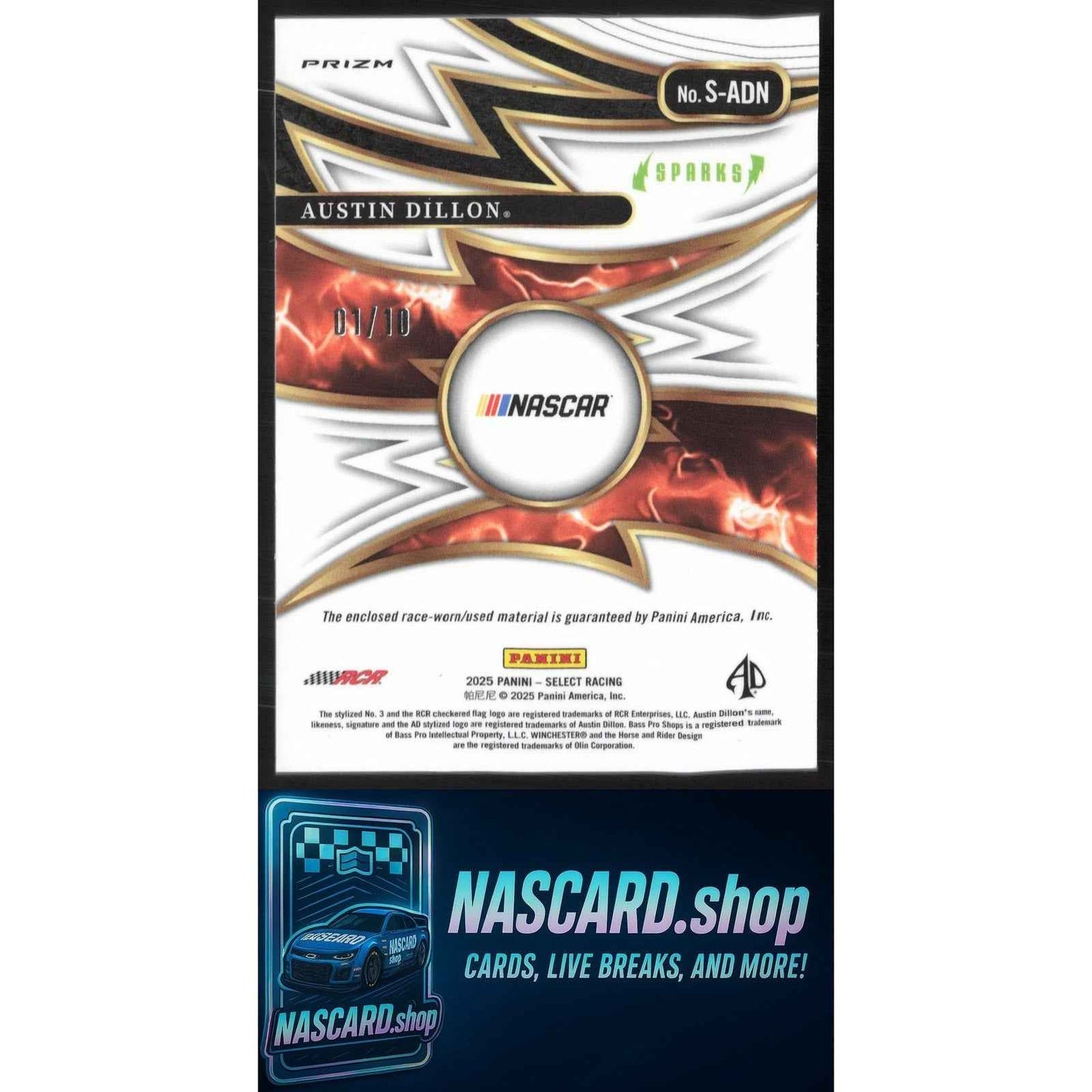 2025 Panini Select #S-ADN Austin Dillon Sparks Gold Ice Prizms #/10