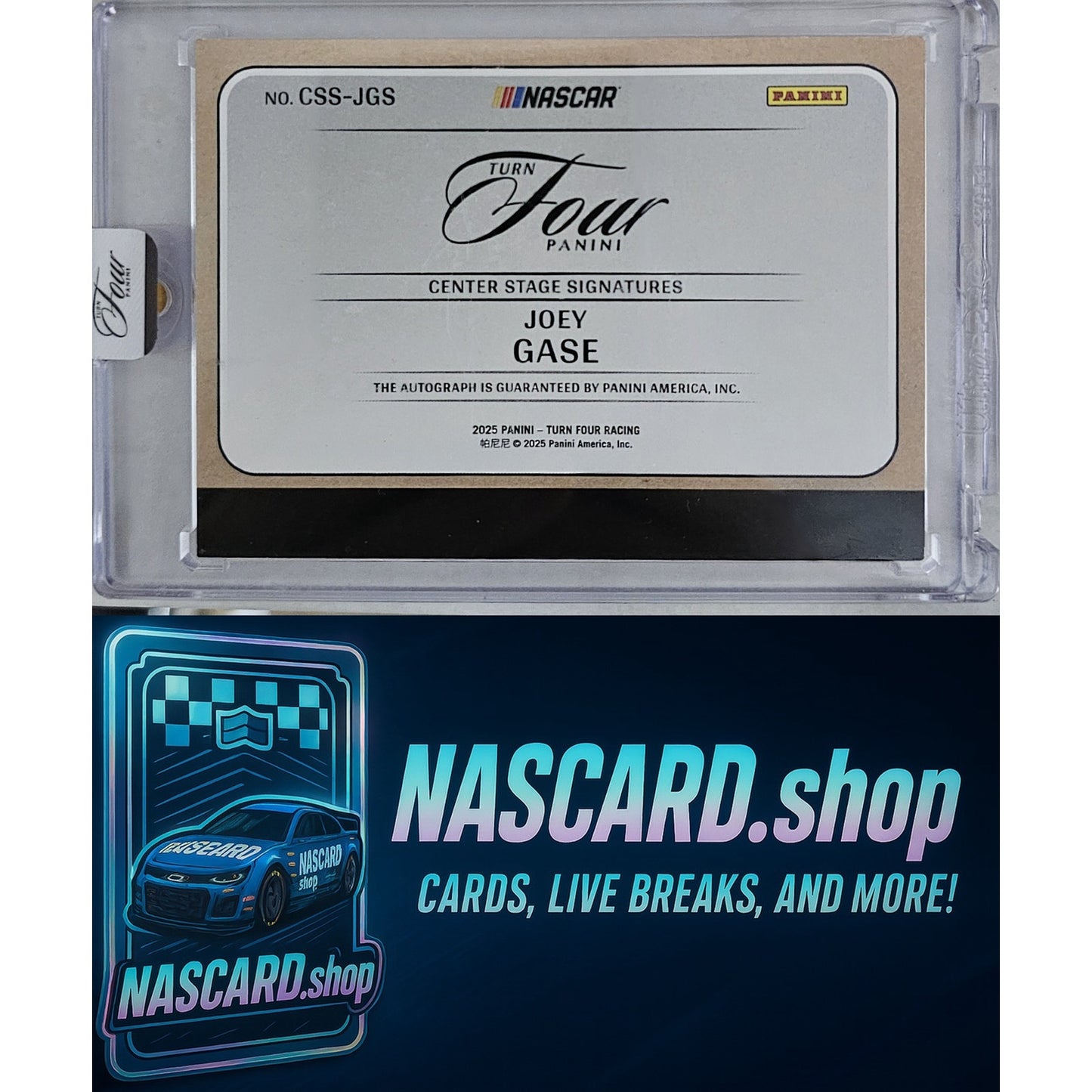 2025 Panini Turn Four #CSS-JGS Joey Gase Center Stage Signatures Blue #/49