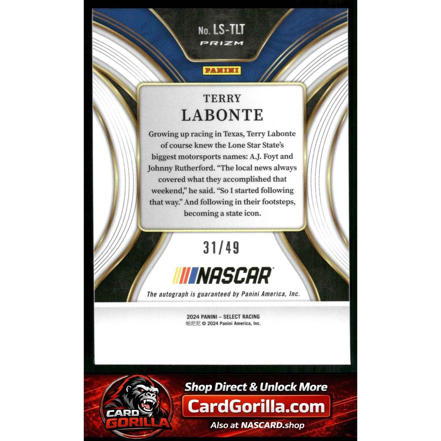 2024 Panini Select #LS-TLT Terry Labonte Legendary Signatures Blue Prizms #/49
