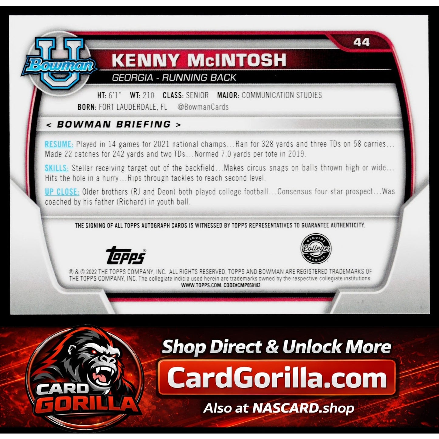 2022 Bowman University Chrome #44 Kenny McIntosh Prospect Autographs