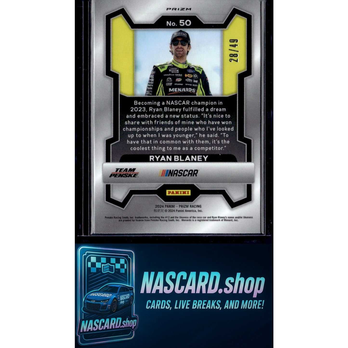 2024 Panini Prizm #50 Ryan Blaney Carolina Blue #/49 - NASCARD.shop