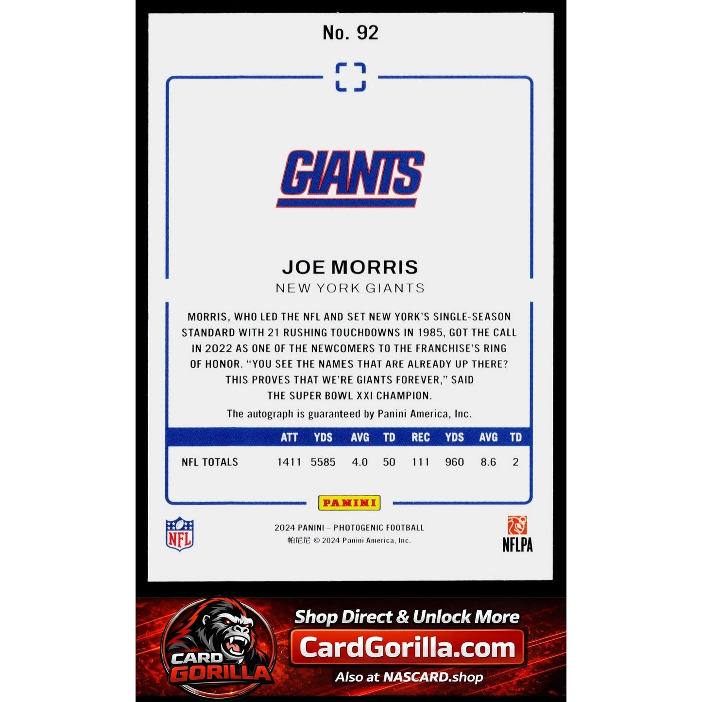 2024 Panini Photogenic #92 Joe Morris Autographs