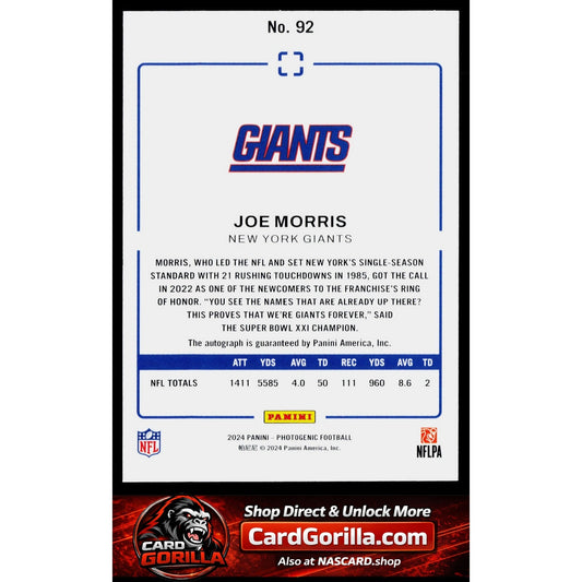 2024 Panini Photogenic #92 Joe Morris Autographs