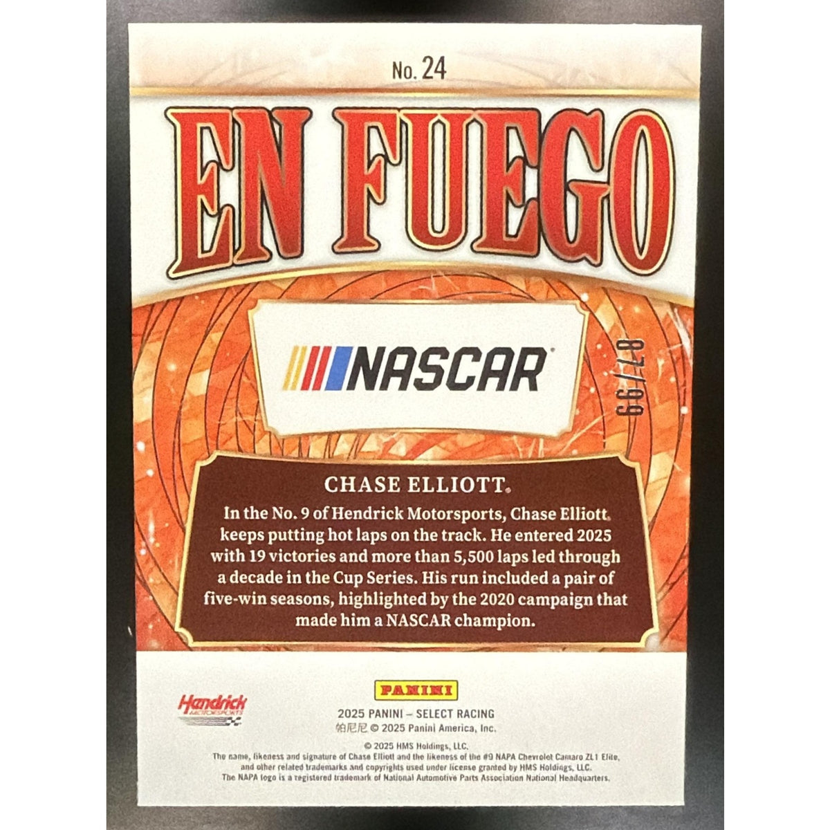 2025 Panini Select Chase Elliott #24 En Fuego Red Prizm /99