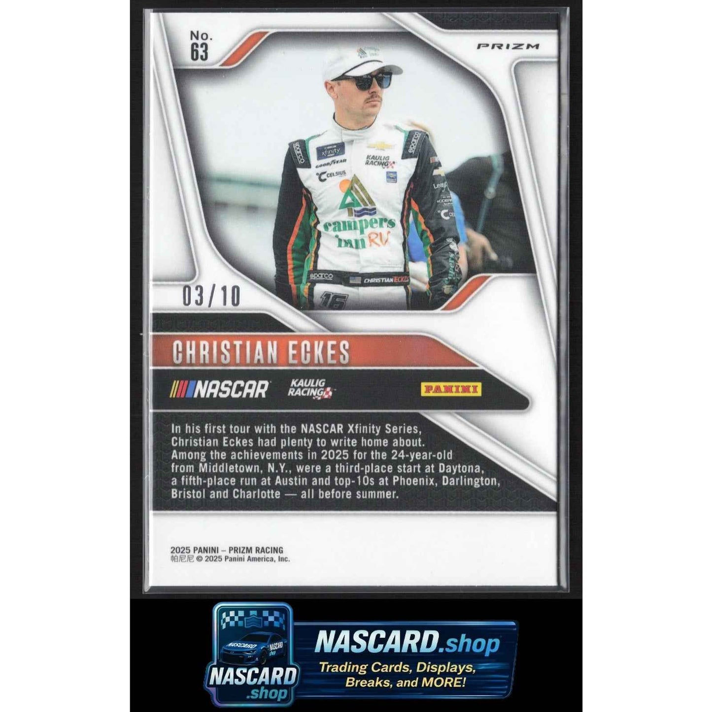 2025 Panini Prizm Throwback #63 Christian Eckes FOTL Blue Shimmer #/10