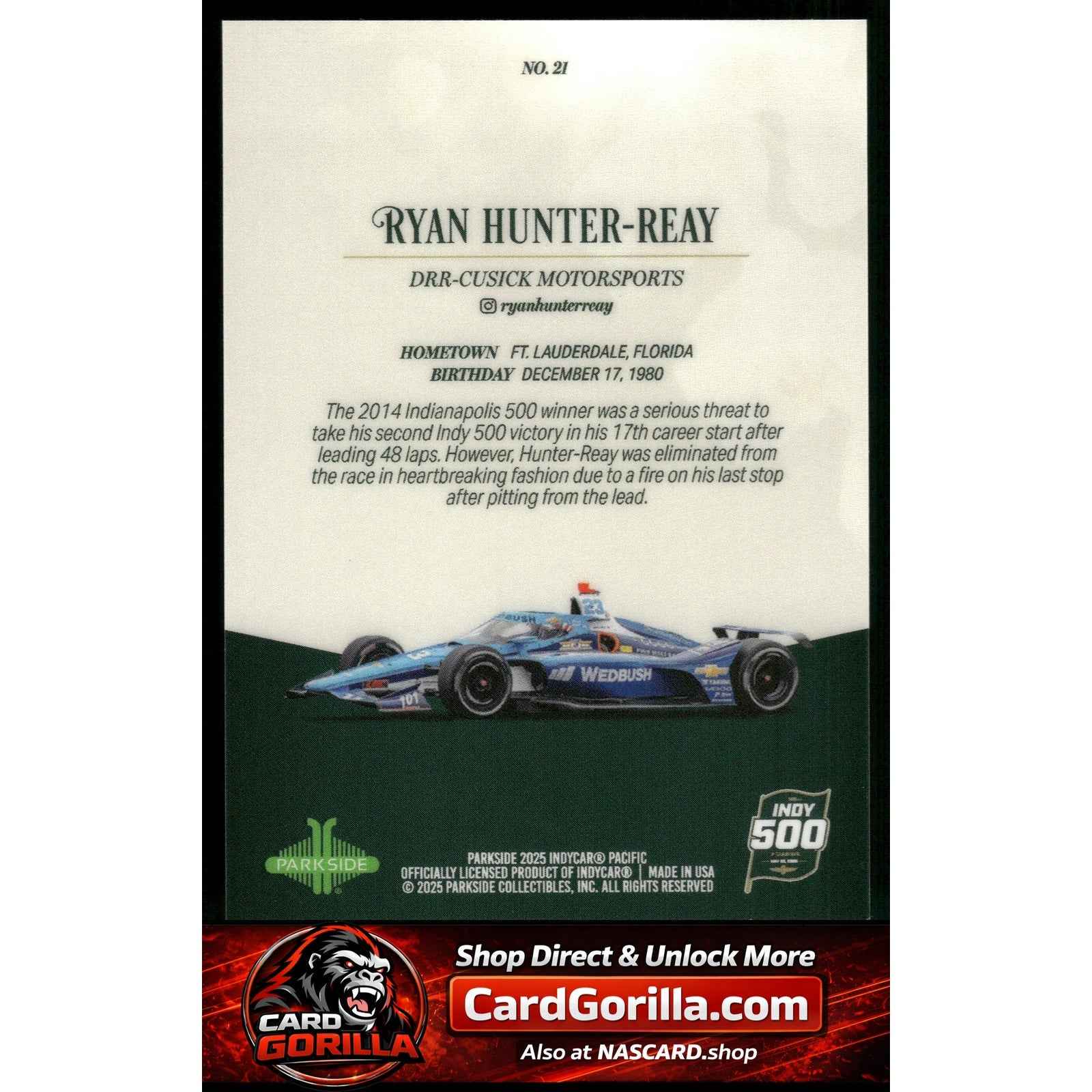 2025 Parkside Indy 500 Pacific #21 Ryan Hunter-Reay Red V2