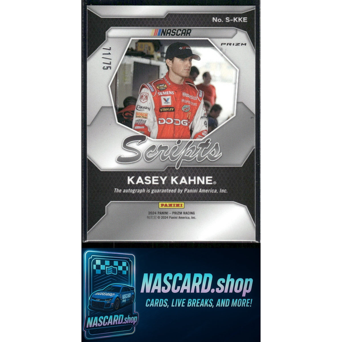 Red Inaudible Script 2024 Panini Prizm #S-KKE Kasey Kahne Scripts Red #/75 - Card Gorilla