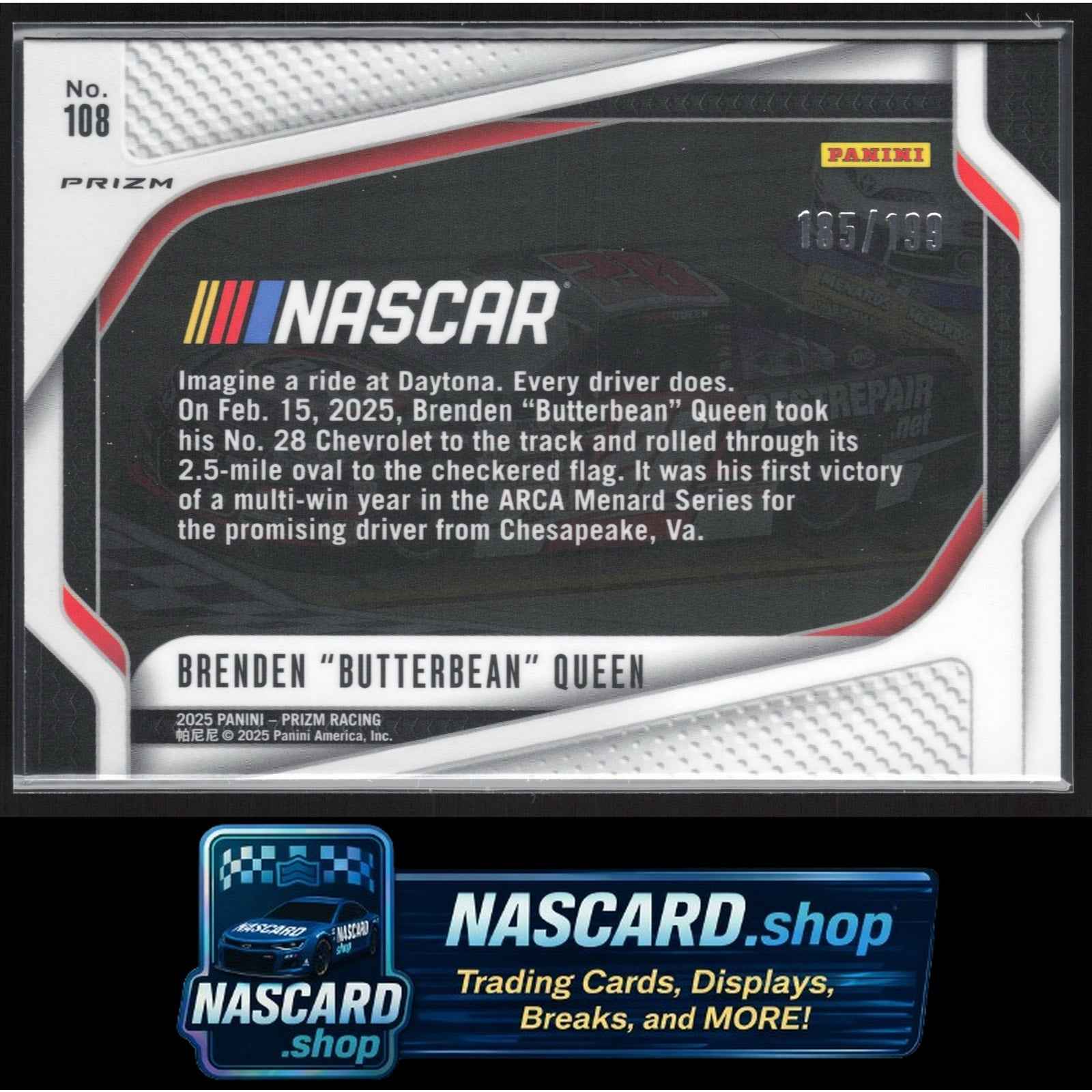 2025 Panini Prizm #108 Brenden "Butterbean" Queen Blue #/199 RC