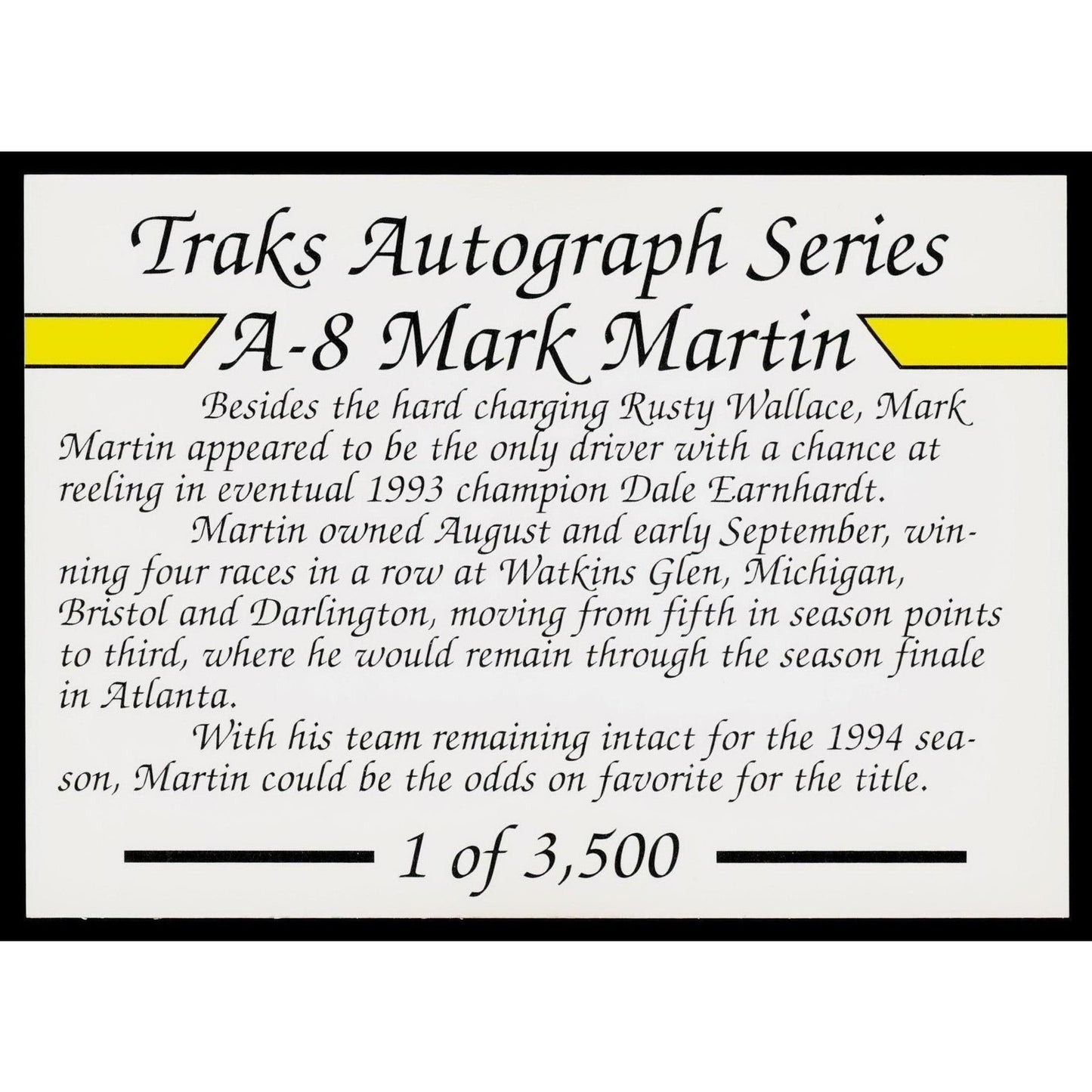 1994 Traks #A-8 Mark Martin Autograph Series