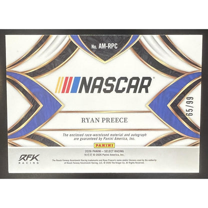 2026 Panini Select NASCAR Ryan Preece #AM-RPC Auto Memorabilia 65/99 MEM