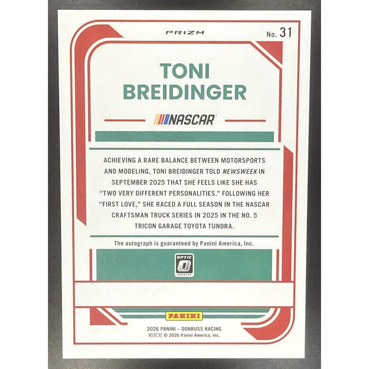 2026 Panini Donruss NASCAR Racing Toni Breidinger #31 Optic Signatures Auto