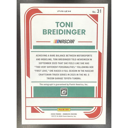 2026 Panini Donruss NASCAR Racing Toni Breidinger #31 Optic Signatures Auto