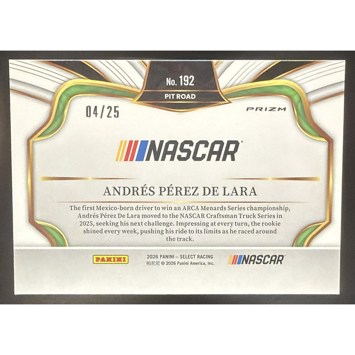 2026 Panini Select NASCAR Andres Perez De Lara #192 Pit Road Tie-Dye Prizms /25