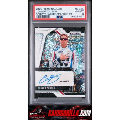 2025 Panini Prizm NASCAR Scripts Connor Zilisch RC White Sparkle 1/1 PSA 8