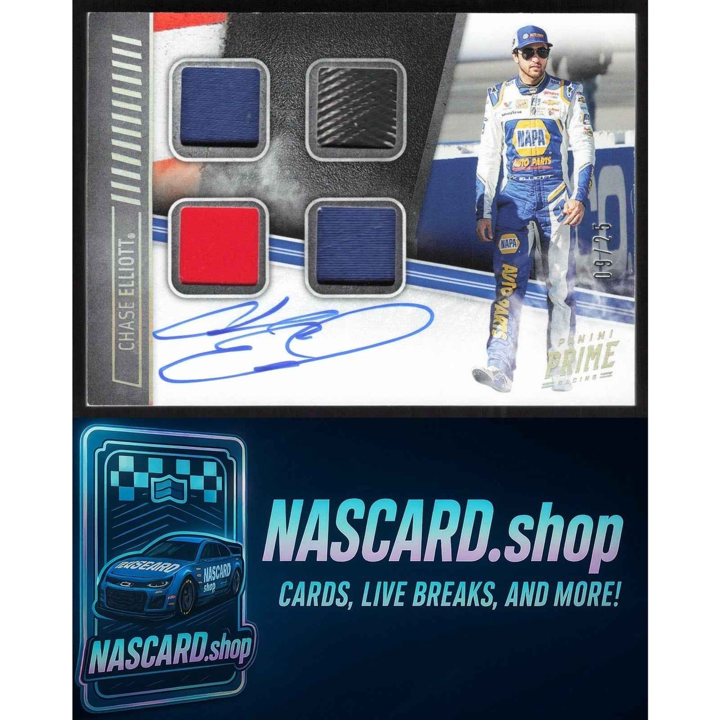 2018 Panini Prime #QMA-CE Chase Elliott Quad Materials Autographs #09/25