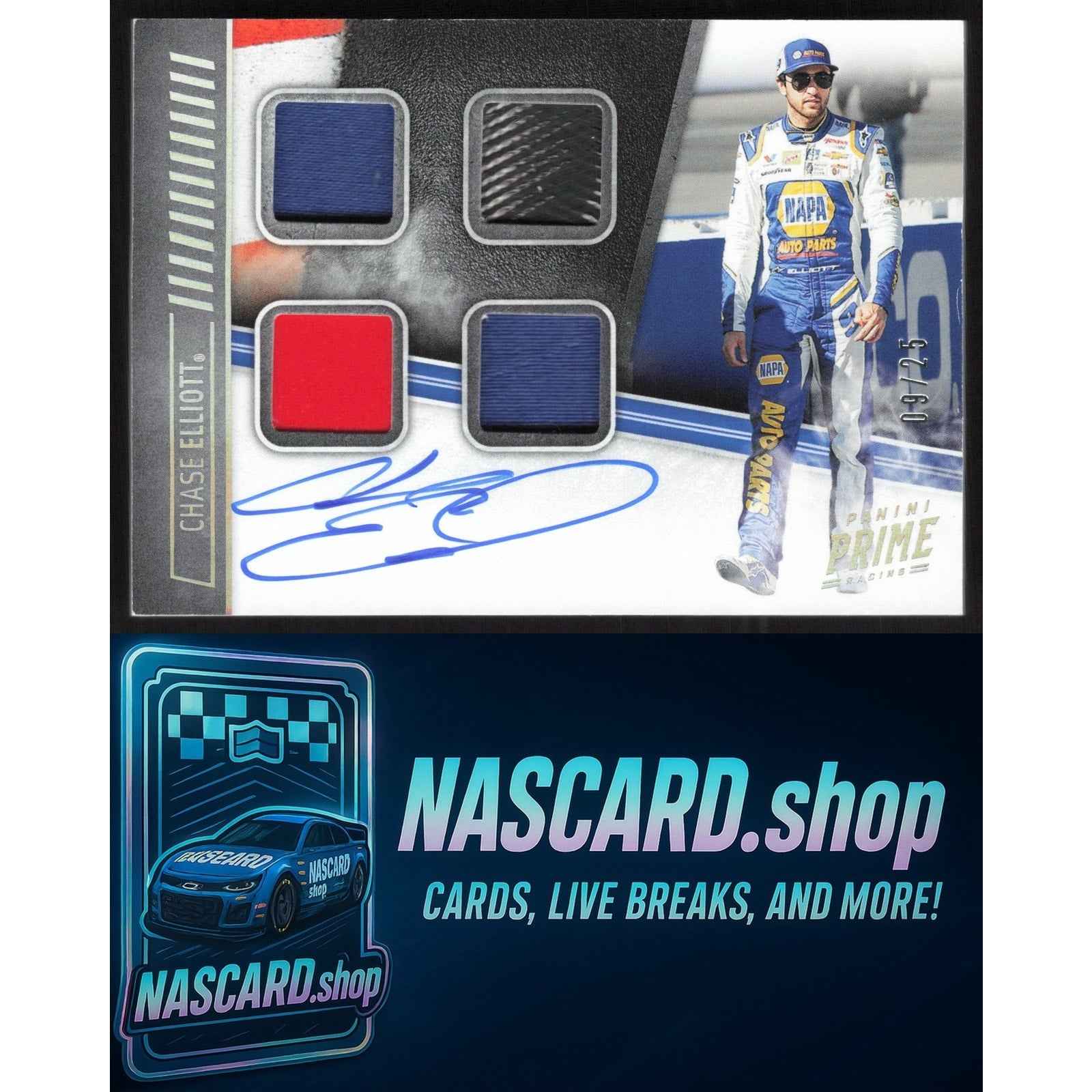 2018 Panini Prime #QMA-CE Chase Elliott Quad Materials Autographs #09/25
