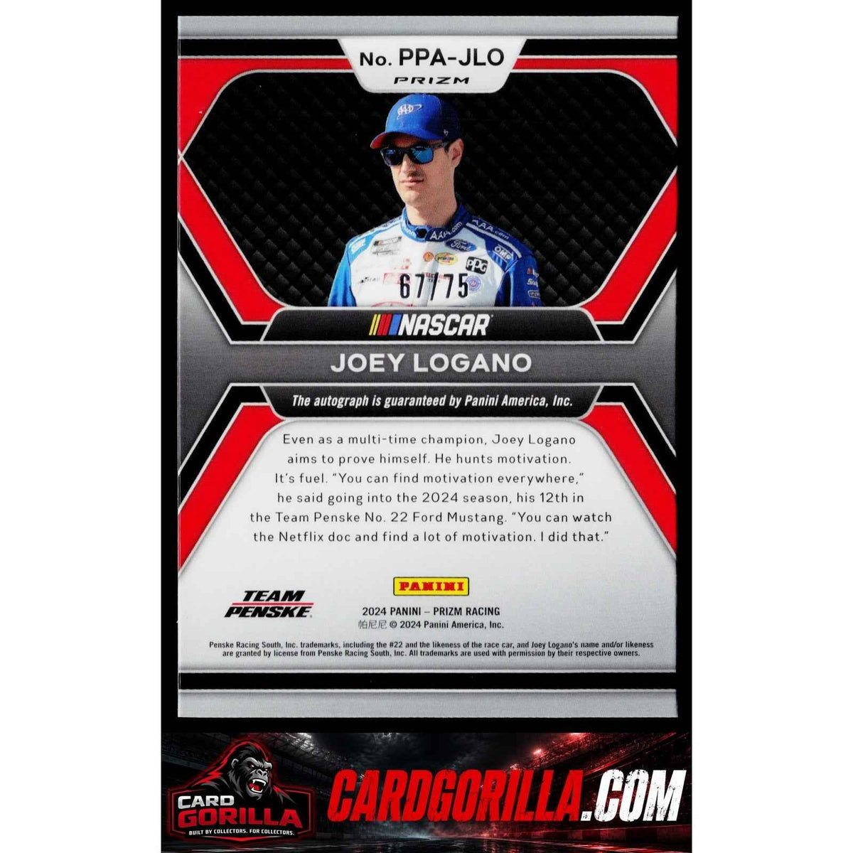 2024 Panini Prizm #PPA-JLO Joey Logano Patented Penmanship Autographs Red #/75