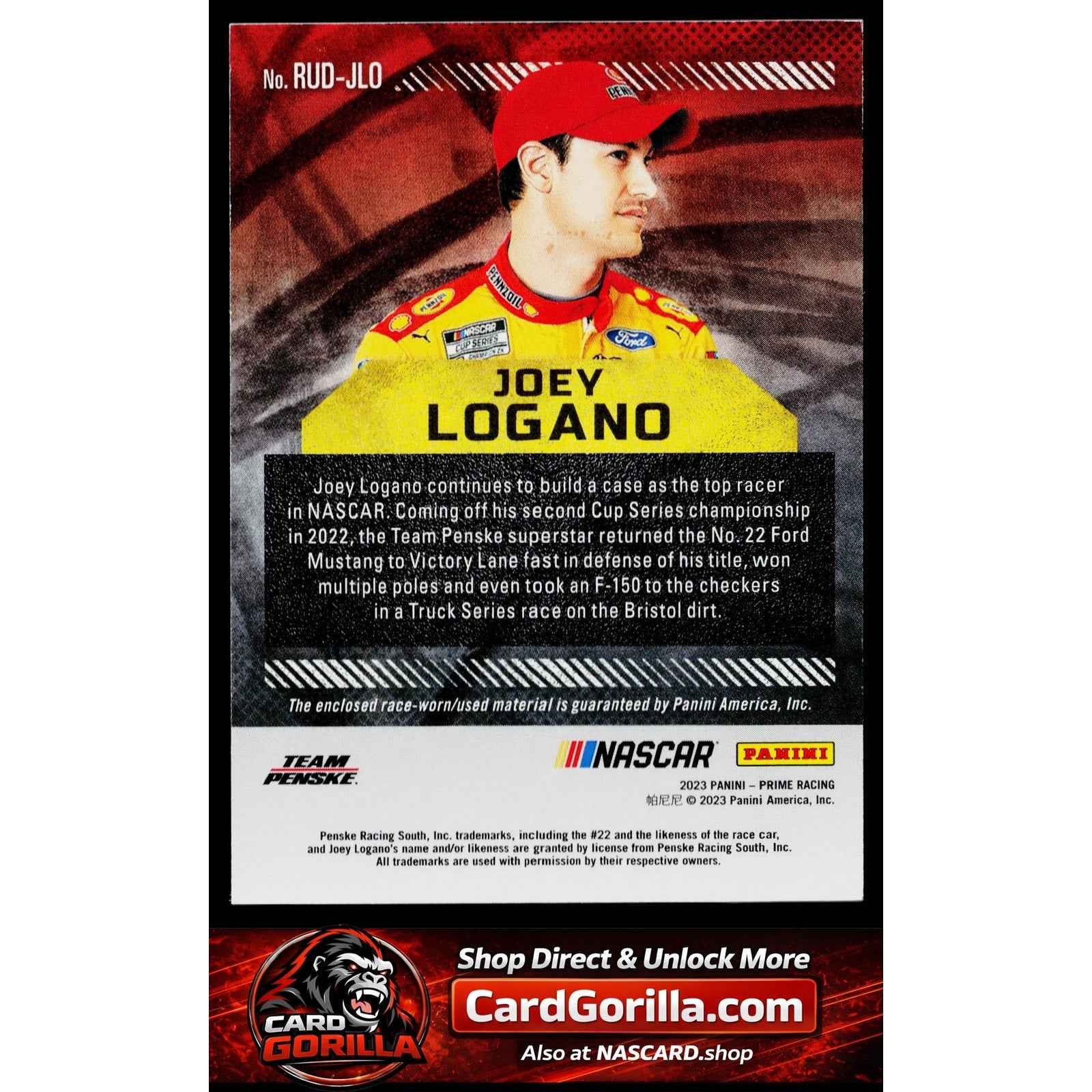 2023 Panini Prime #RUD-JLO Joey Logano Race Used Duals Firesuits #/99