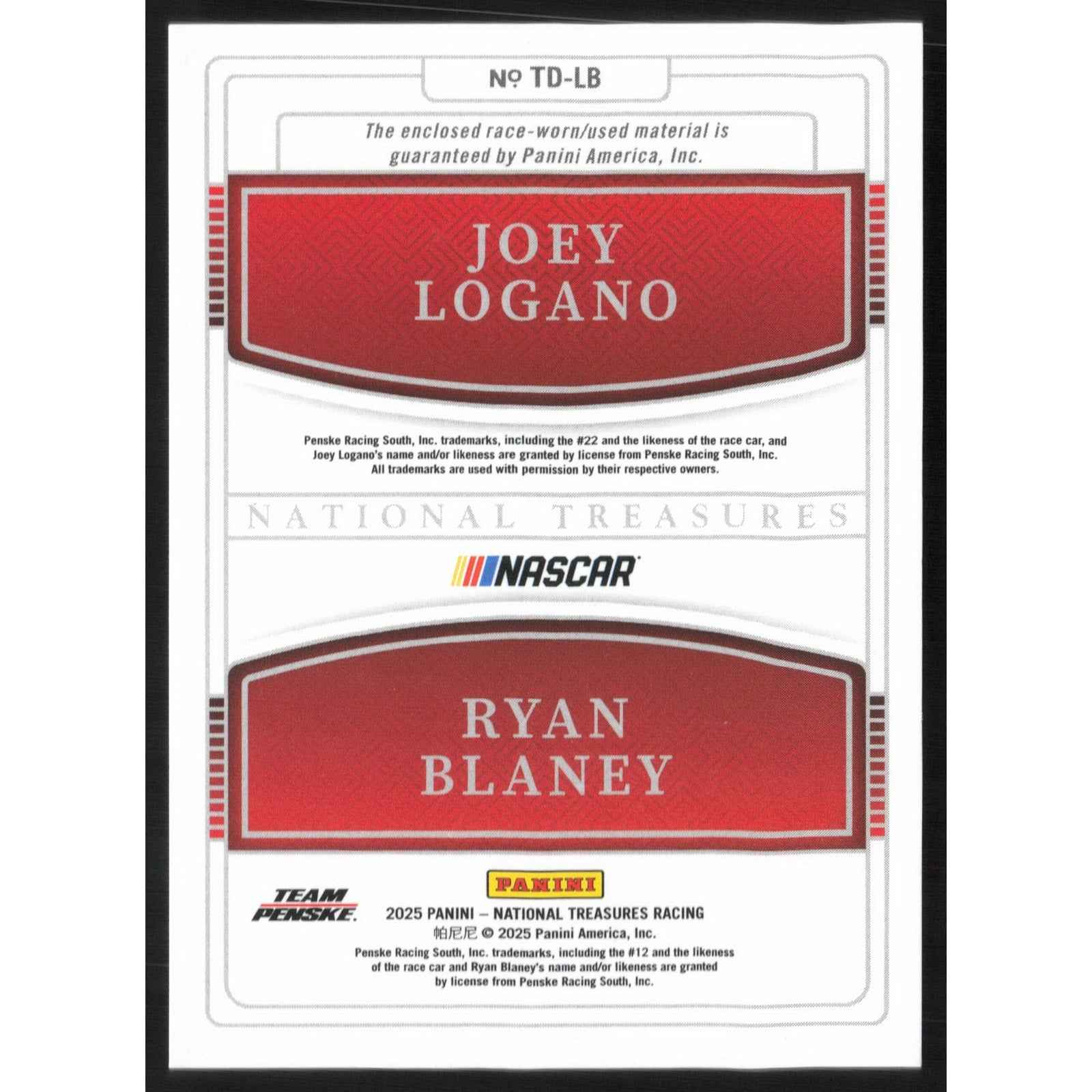 2025 Panini National Treasures #TD-LB Ryan Blaney/Joey Logano Team Duals #/75
