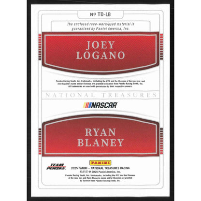 2025 Panini National Treasures #TD-LB Ryan Blaney/Joey Logano Team Duals #/75