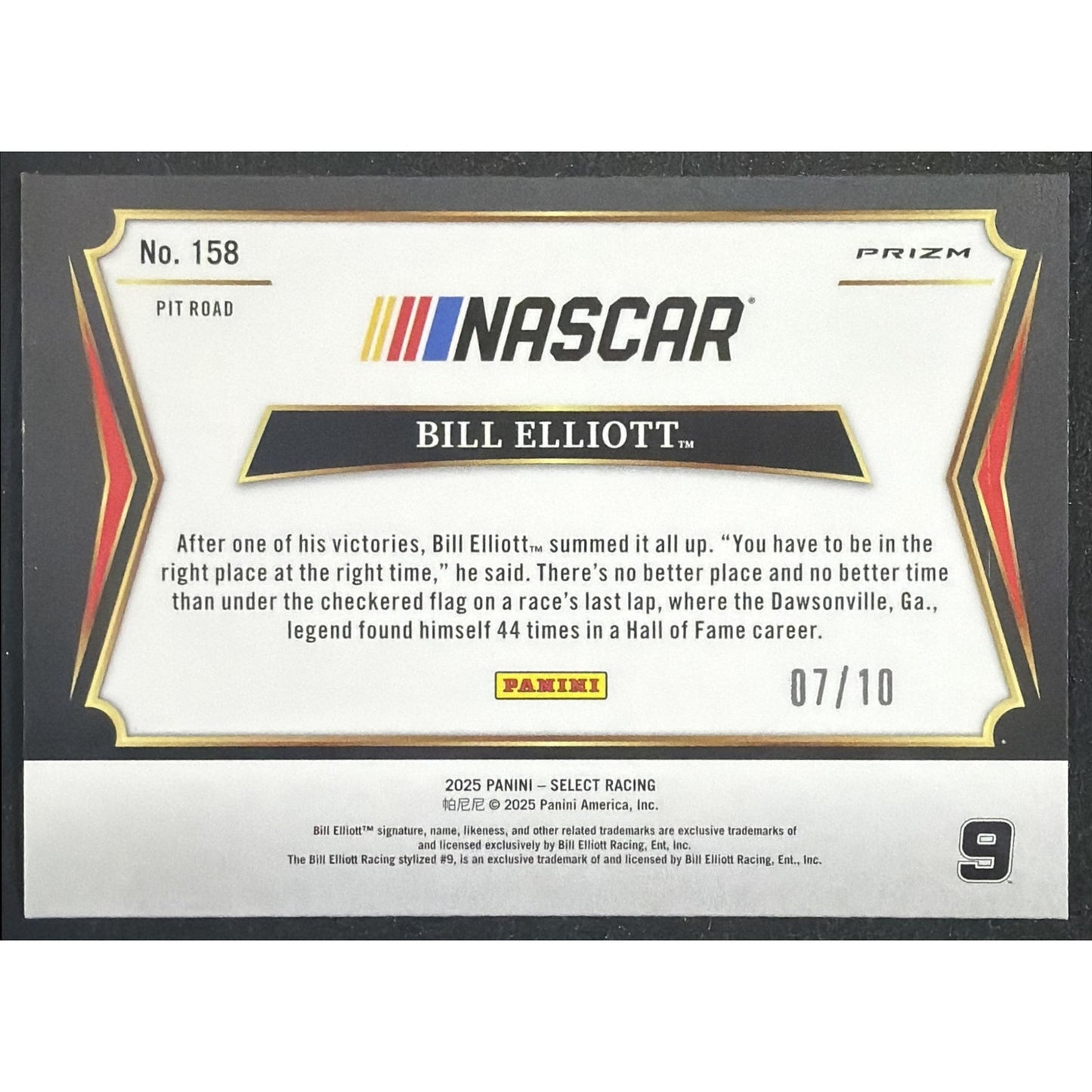 2024 Panini Select Nascar Bill Elliott #249 Gold Prizms 7/10 Trackside