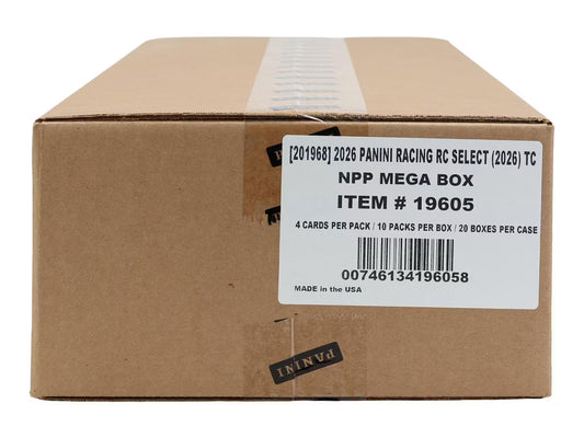 A brown cardboard shipping box with a white label reading 'Panini Racing RC Select (2026) NPP MEGA BOX ITEM # 19605' and a Panini sticker on the front, photographed on a white background.
