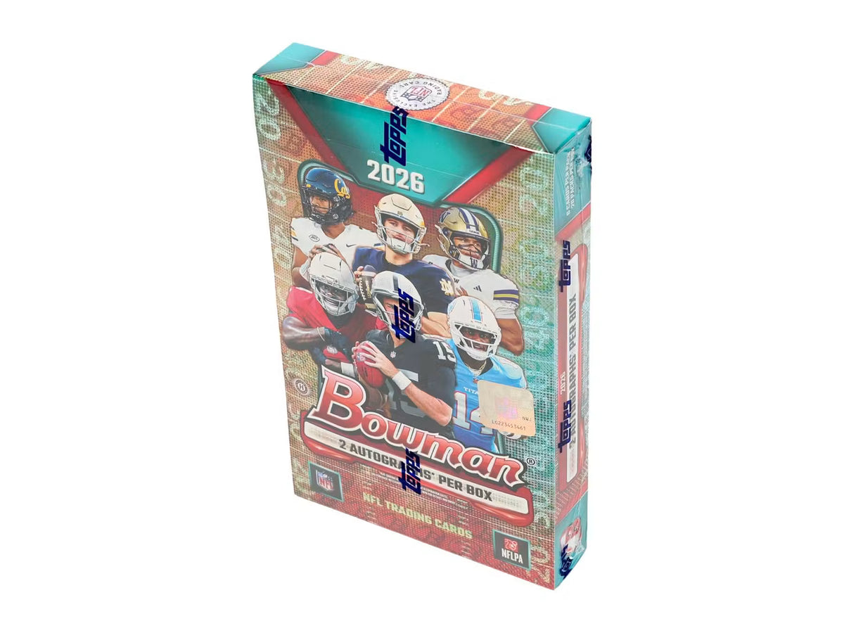 A 2025 Bowman 2 Austen Rogers Pass Mix NFL Trading Cards box, featuring football players on the front cover with a teal, red, and gold design, set against a plain white background.