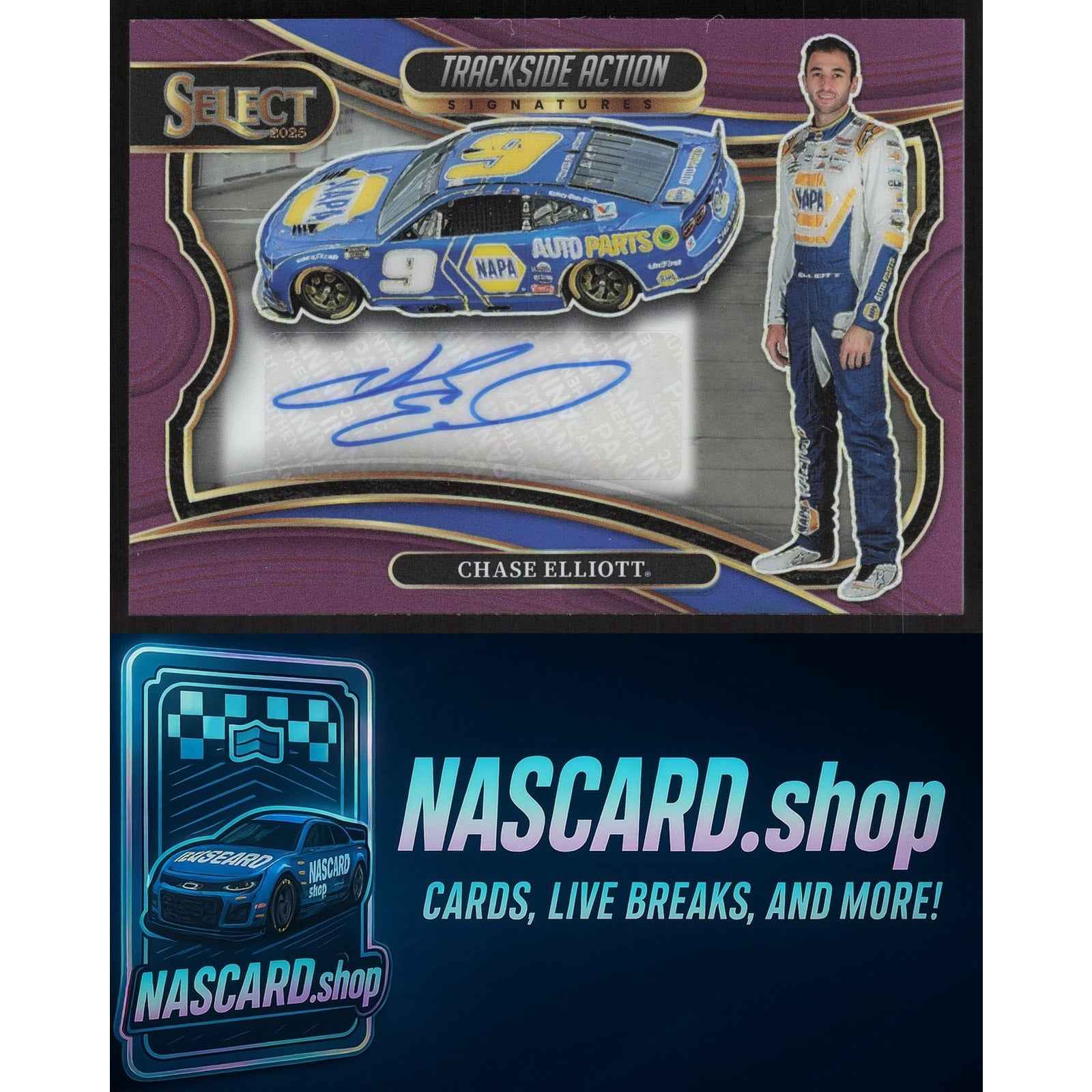 2025 Panini Select Chase Elliott Trackside Action Signatures Purple Prizms #/49